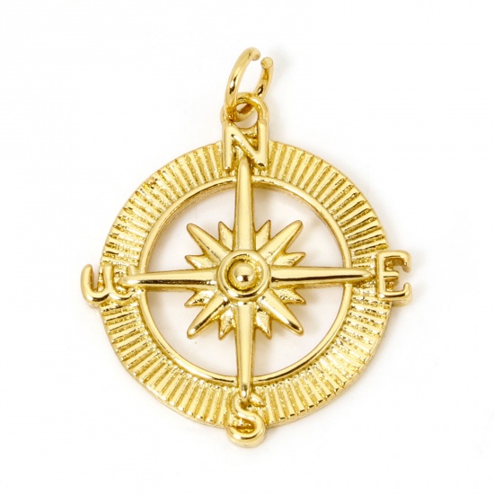 Picture of 1 Piece Eco-friendly Brass Charms 18K Real Gold Plated Compass Hollow 28mm x 22mm