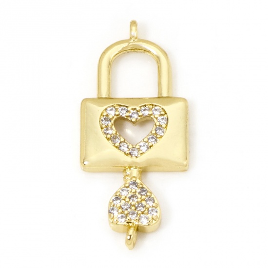 Picture of 1 Piece Eco-friendly Brass Charms 18K Real Gold Plated Lock Key Micro Pave Clear Cubic Zirconia 24mm x 10.5mm