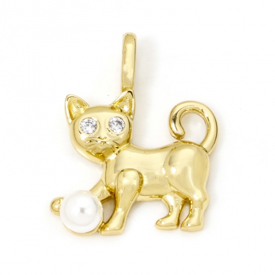 Picture of 1 Piece Eco-friendly Brass Charms 18K Real Gold Plated Cat Animal Acrylic Imitation Pearl Clear Cubic Zirconia 19mm x 16mm