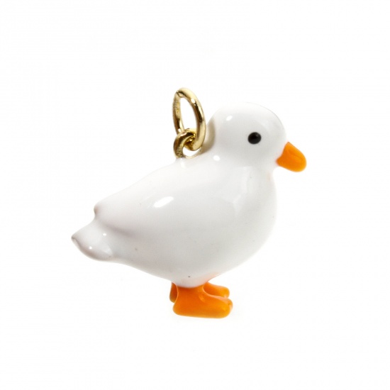 Picture of 1 Piece Eco-friendly Brass Charms 18K Real Gold Plated Duck Animal 3D Enamel 12mm x 12mm