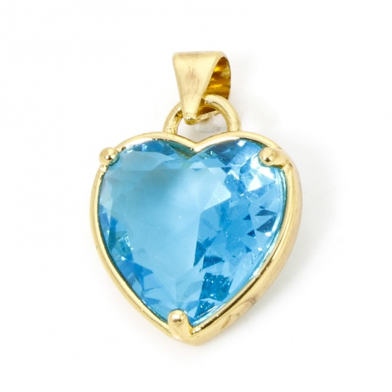 Picture of 1 Piece Eco-friendly Brass Valentine's Day Charm Pendant 18K Real Gold Plated Heart Blue Rhinestone 21mm x 14mm