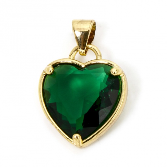 Picture of 1 Piece Eco-friendly Brass Valentine's Day Charm Pendant 18K Real Gold Plated Heart Dark Green Rhinestone 21mm x 14mm