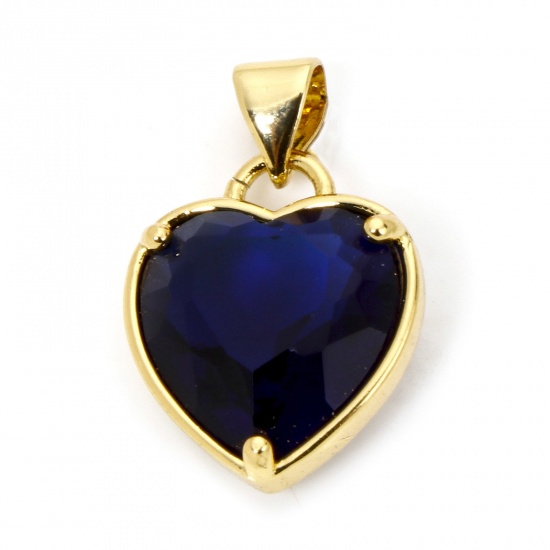 Picture of 1 Piece Eco-friendly Brass Valentine's Day Charm Pendant 18K Real Gold Plated Heart Dark Blue Rhinestone 21mm x 14mm