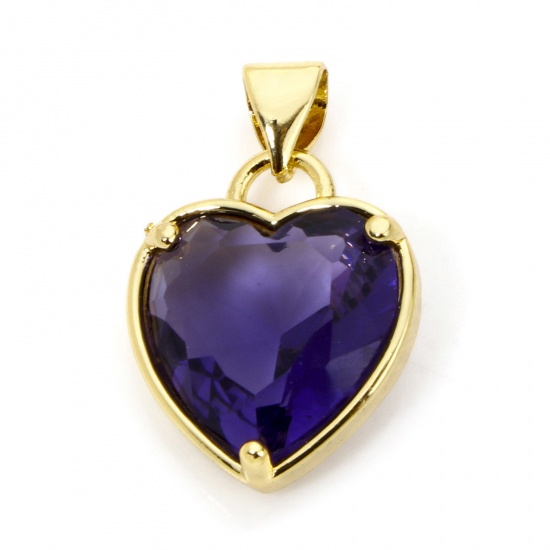 Picture of 1 Piece Eco-friendly Brass Valentine's Day Charm Pendant 18K Real Gold Plated Heart Purple Rhinestone 21mm x 14mm