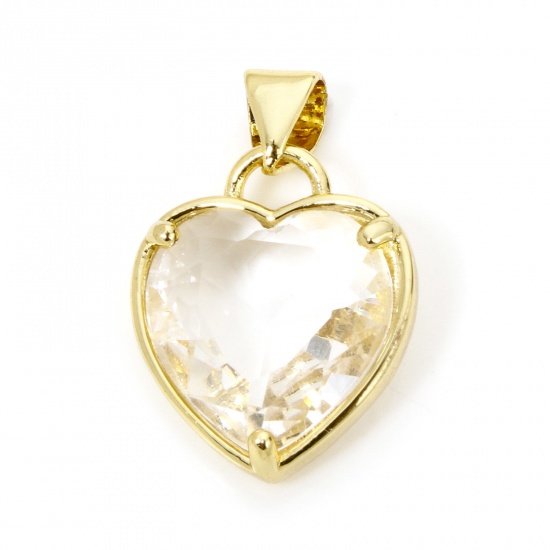 Picture of 1 Piece Eco-friendly Brass Valentine's Day Charm Pendant 18K Real Gold Plated Heart Clear Rhinestone 21mm x 14mm