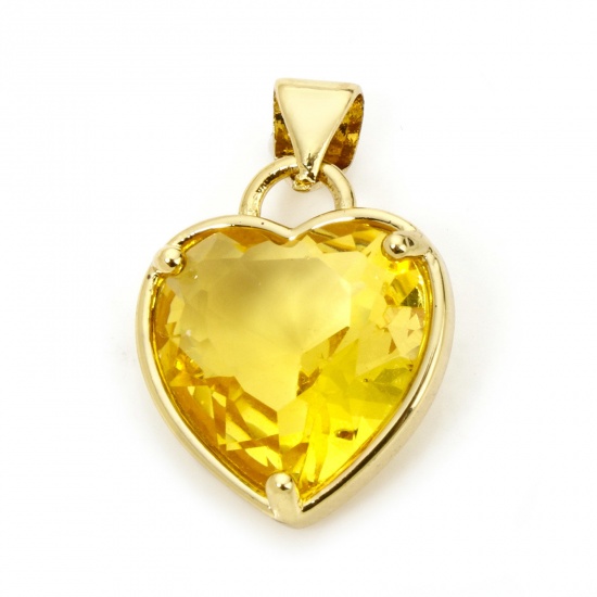 Picture of 1 Piece Eco-friendly Brass Valentine's Day Charm Pendant 18K Real Gold Plated Heart Yellow Rhinestone 21mm x 14mm