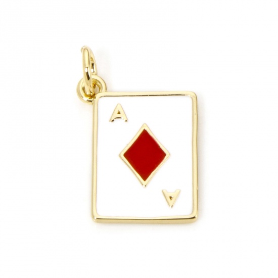 Picture of 1 Piece Eco-friendly Brass Charms 18K Real Gold Plated White & Red Poker Card Enamel 19mm x 12mm