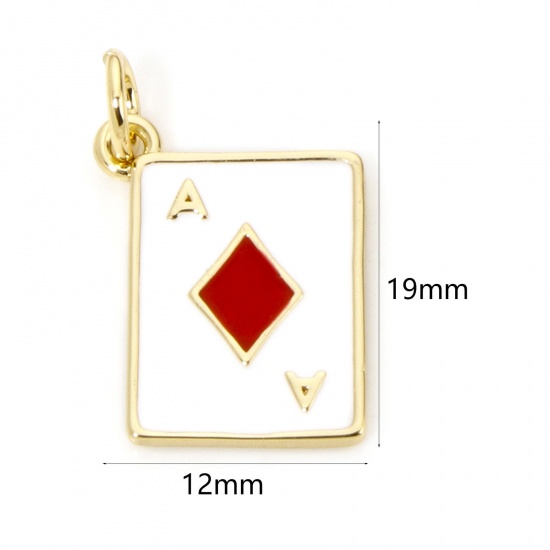 Picture of 1 Piece Eco-friendly Brass Charms 18K Real Gold Plated White & Red Poker Card Enamel 19mm x 12mm