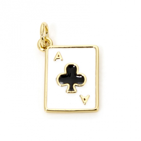 Picture of 1 Piece Eco-friendly Brass Charms 18K Real Gold Plated Black & White Poker Card Enamel 19mm x 12mm