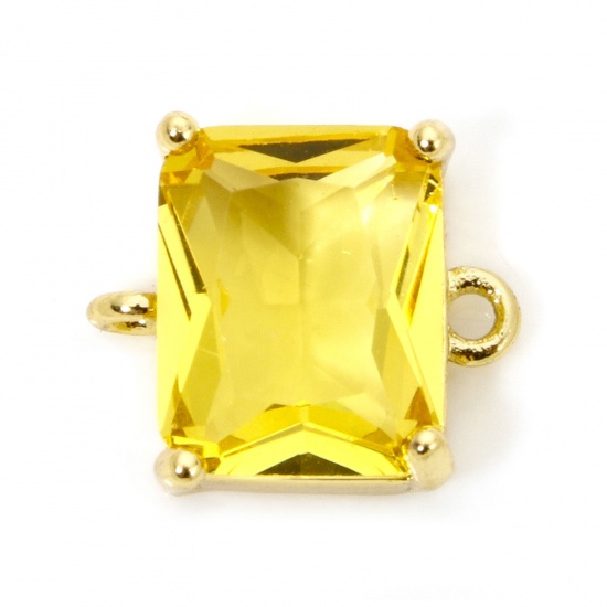 Immagine di 1 Pz Ecologico Ottone & Vetro Pendenti Charms Connettori Accessori Rettangolo 18K Vero Oro Placcato Giallo Strass 12mm x 10.5mm