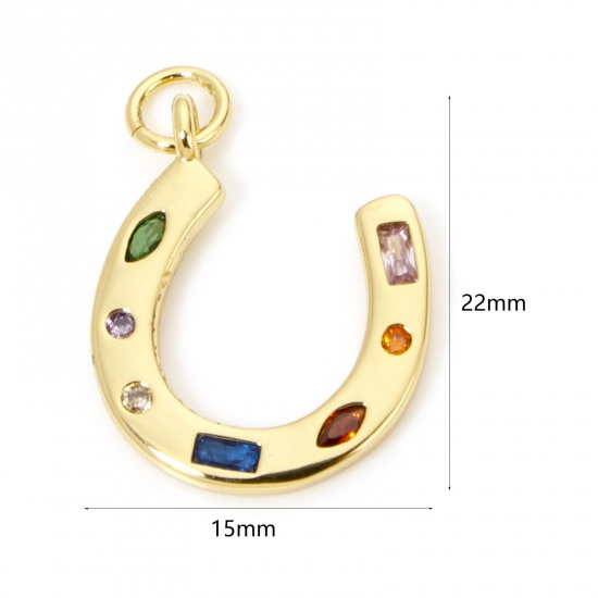 Picture of 1 Piece Eco-friendly Brass West Cowboy Charms 18K Real Gold Plated Luck Horseshoe Multicolour Cubic Zirconia 22mm x 15mm