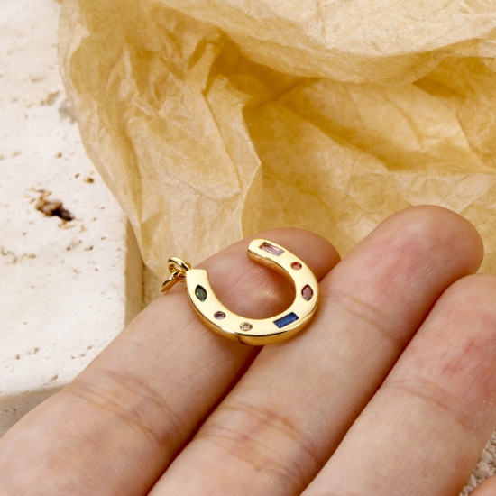 Picture of 1 Piece Eco-friendly Brass West Cowboy Charms 18K Real Gold Plated Luck Horseshoe Multicolour Cubic Zirconia 22mm x 15mm