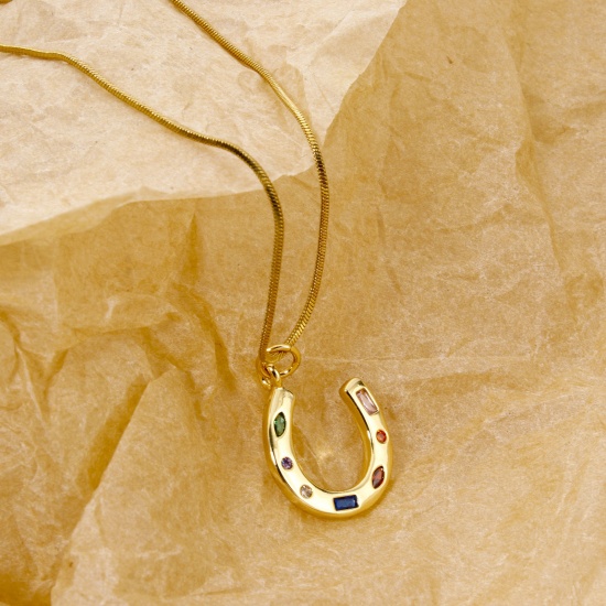 Picture of 1 Piece Eco-friendly Brass West Cowboy Charms 18K Real Gold Plated Luck Horseshoe Multicolour Cubic Zirconia 22mm x 15mm