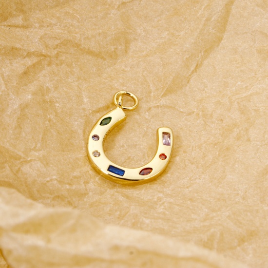 Picture of 1 Piece Eco-friendly Brass West Cowboy Charms 18K Real Gold Plated Luck Horseshoe Multicolour Cubic Zirconia 22mm x 15mm