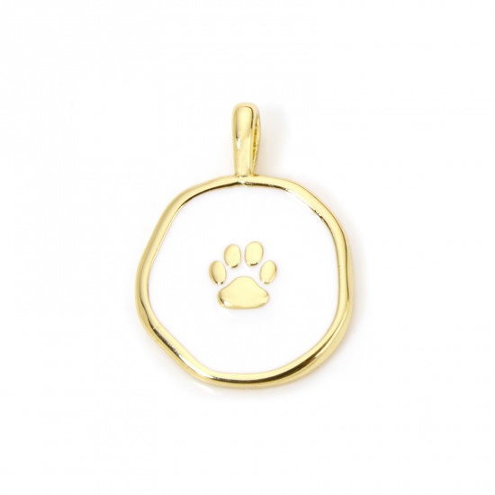 Picture of 1 Piece Eco-friendly Brass Pet Memorial Charms 18K Real Gold Plated White Irregular Paw Print Enamel 18.5mm x 14mm