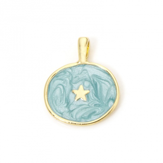 Picture of 1 Piece Eco-friendly Brass Galaxy Charms 18K Real Gold Plated Green Pearlized Irregular Pentagram Star Enamel 18mm x 15mm