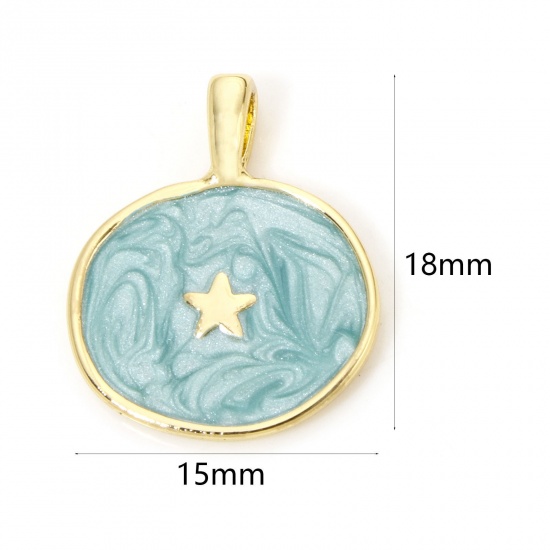 Picture of 1 Piece Eco-friendly Brass Galaxy Charms 18K Real Gold Plated Green Pearlized Irregular Pentagram Star Enamel 18mm x 15mm