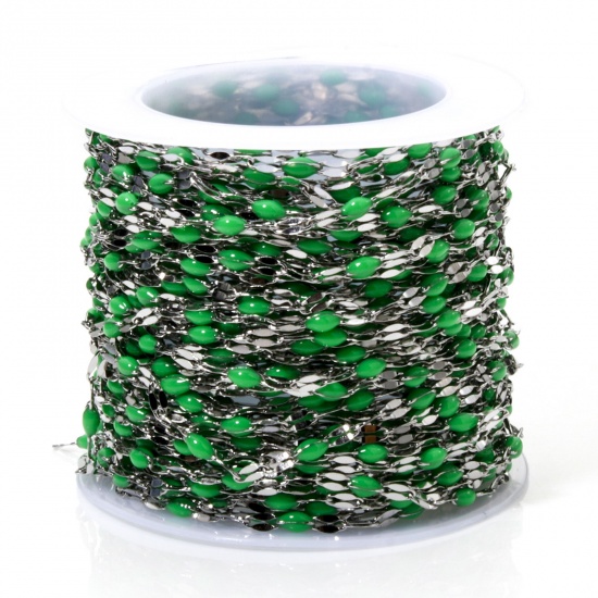 Picture of 10 M (Approx 10 M/Roll) 304 Stainless Steel Enamel Lips Chain For Handmade DIY Jewelry Making Findings Silver Tone Green 2mm