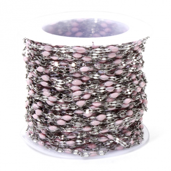 Picture of 10 M (Approx 10 M/Roll) 304 Stainless Steel Enamel Lips Chain For Handmade DIY Jewelry Making Findings Silver Tone Light Pink 2mm