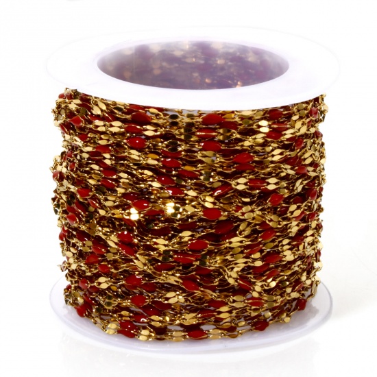 Picture of 10 M (Approx 10 M/Roll) Vacuum Plating 304 Stainless Steel Enamel Lips Chain For Handmade DIY Jewelry Making Findings 18K Gold Plated Red 2mm