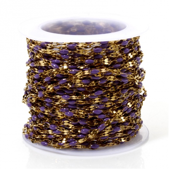 Picture of 10 M (Approx 10 M/Roll) Vacuum Plating 304 Stainless Steel Enamel Lips Chain For Handmade DIY Jewelry Making Findings 18K Gold Plated Purple 2mm