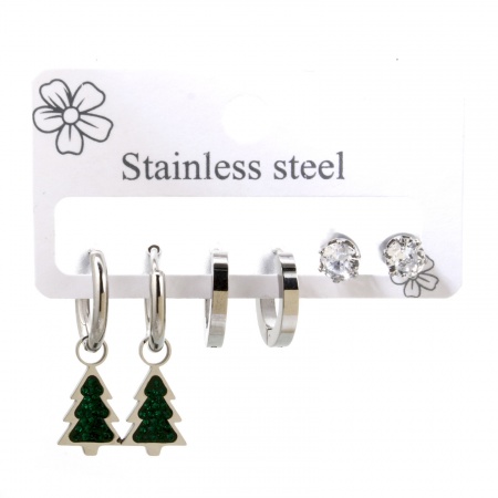 Picture of Wholesale Stylish Ear Post Stud Earrings Set, Christmas Tree Silver Tone 304 Stainless Steel, Women's Gift Jewelry Supply, 27mm x 9mm, Post/ Wire Size: 1mm(18 gauge) - 0.8mm(20 gauge), 1 Set ( 6 PCs/Set)