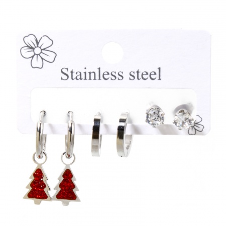 Picture of Wholesale Stylish Ear Post Stud Earrings Set, Christmas Tree Silver Tone 304 Stainless Steel, Women's Gift Jewelry Supply, 27mm x 9mm, Post/ Wire Size: 1mm(18 gauge) - 0.8mm(20 gauge), 1 Set ( 6 PCs/Set)