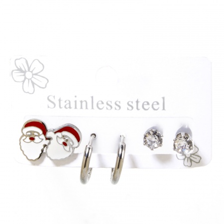 Picture of Wholesale Stylish Ear Post Stud Earrings Set, Christmas Santa Claus Silver Tone 304 Stainless Steel, Women's Gift Jewelry Supply, 14mm Dia., Post/ Wire Size: 1mm(18 gauge) - 0.8mm(20 gauge), 1 Set ( 6 PCs/Set)