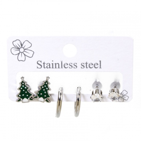 Picture of Wholesale Stylish Ear Post Stud Earrings Set, Christmas Tree Silver Tone 304 Stainless Steel, Women's Gift Jewelry Supply, 14mm Dia., Post/ Wire Size: 1mm(18 gauge) - 0.8mm(20 gauge), 1 Set ( 6 PCs/Set)
