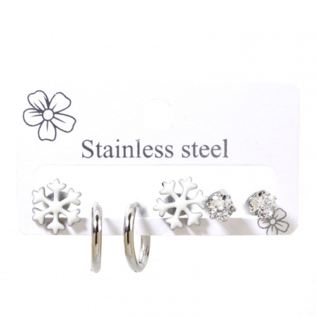 Picture of Wholesale Stylish Ear Post Stud Earrings Set, Christmas Snowflake Silver Tone 304 Stainless Steel, Women's Gift Jewelry Supply, 14mm Dia., Post/ Wire Size: 1mm(18 gauge) - 0.8mm(20 gauge), 1 Set ( 6 PCs/Set)