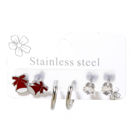 Picture of Wholesale Stylish Ear Post Stud Earrings Set, Christmas Jingle Bell Silver Tone 304 Stainless Steel, Women's Gift Jewelry Supply, 14mm Dia., Post/ Wire Size: 1mm(18 gauge) - 0.8mm(20 gauge), 1 Set ( 6 PCs/Set)