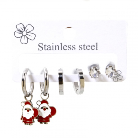 Picture of Wholesale Stylish Ear Post Stud Earrings Set, Christmas Santa Claus Silver Tone 304 Stainless Steel, Women's Gift Jewelry Supply, 27mm x 10mm, Post/ Wire Size: 1mm(18 gauge) - 0.8mm(20 gauge), 1 Set ( 6 PCs/Set)