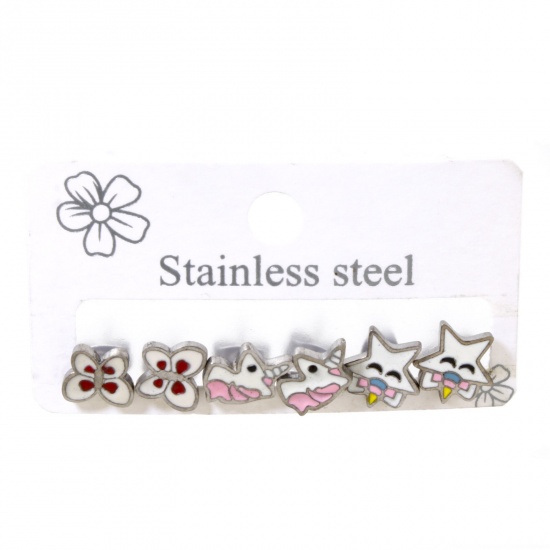Bild von 1 Set (ca. 6 Stück/Set) 304 Edelstahl Ohrstecker Set Silberfarbe Schmetterling Pentagramm 10.5mm x 7mm, Drahtstärke: (20 gauge)