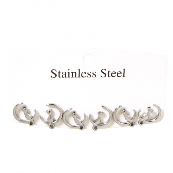 Bild von 1 Set (ca. 6 Stück/Set) 304 Edelstahl Ohrstecker Set Silberfarbe Katze Mond 16mm x 13mm, Drahtstärke: (20 gauge)