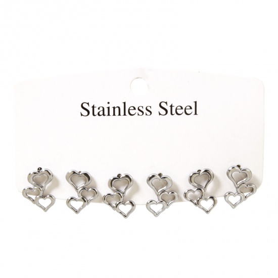 Bild von 1 Set (ca. 6 Stück/Set) 304 Edelstahl Ohrstecker Set Silberfarbe Herz 16mm x 12mm, Drahtstärke: (20 gauge)