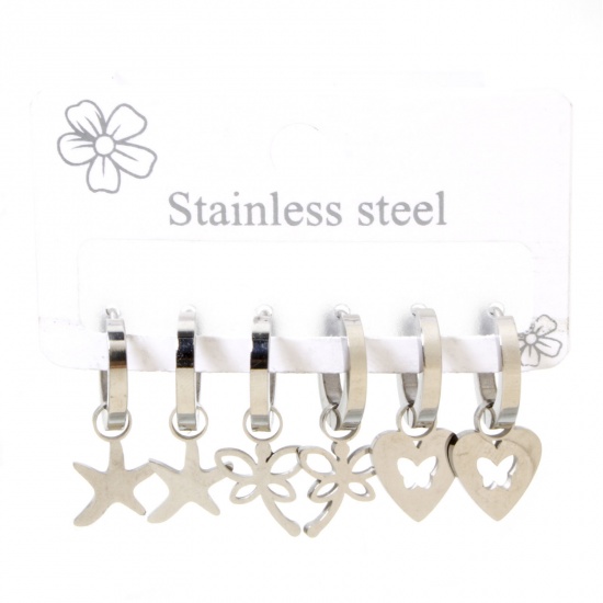 Picture of 1 Set (Approx 6 PCs/Set) 304 Stainless Steel Ear Post Stud Earrings Set Silver Tone Dragonfly Animal Star Fish 24x10mm - 22x10mm, Post/ Wire Size: 1mm