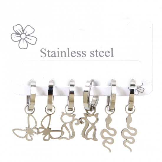 Picture of 1 Set (Approx 6 PCs/Set) 304 Stainless Steel Hoop Earrings Silver Tone Butterfly Animal Cat 29x6.5mm - 24x8mm, Post/ Wire Size: 1mm