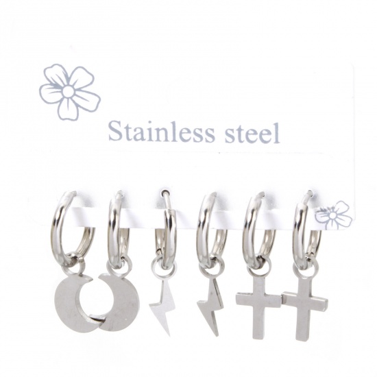 Picture of 1 Set (Approx 6 PCs/Set) 304 Stainless Steel Ear Post Stud Earrings Set Silver Tone Cross Lightning 26x8mm - 25x4.5mm, Post/ Wire Size: 1mm