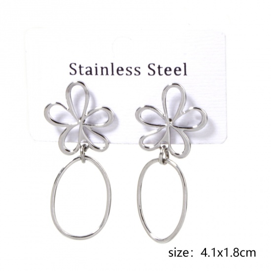 Image de 1 Paire Boucles d'Oreilles Perlées en 304 Acier Inoxydable Argent Mat Fleur Ovale 4.1cm x 1.8cm , Epaisseur de Fil: (21 gauge)