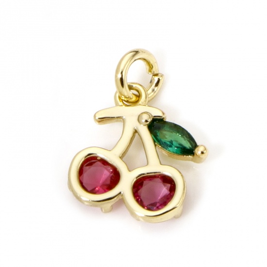 Immagine di 1 Pz Ecologico Ottone Ciondoli Ciliegia 18K Vero Oro Placcato Rosso & Verde Cubic Zirconiae 12mm x 8mm