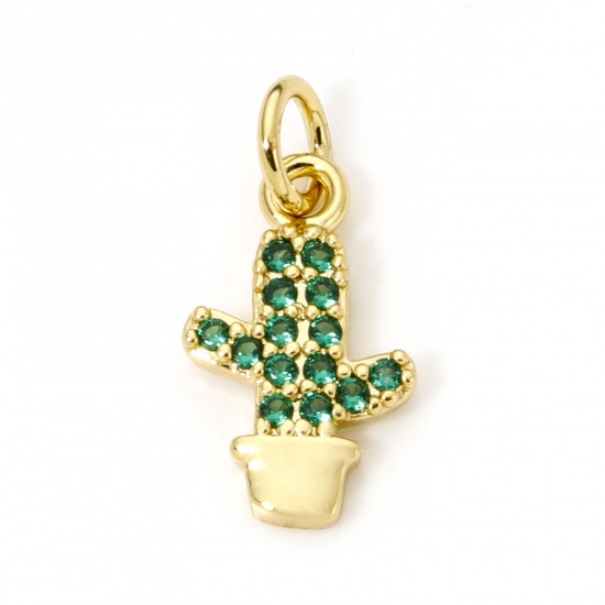 Immagine di 1 Pz Ecologico Ottone Ciondoli Cactus 18K Vero Oro Placcato Micro Spianare Verde Cubic Zirconiae 17mm x 8mm