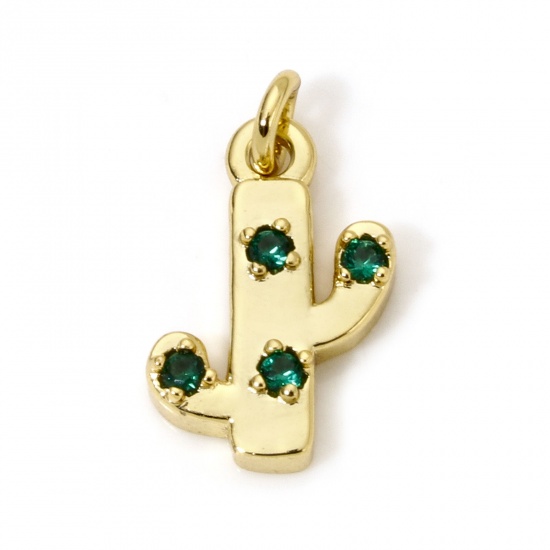 Immagine di 1 Pz Ecologico Ottone Ciondoli Cactus 18K Vero Oro Placcato Verde Cubic Zirconiae 15mm x 9mm