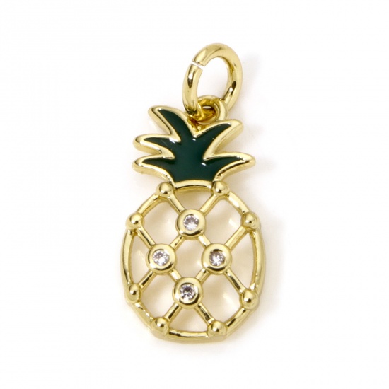 Immagine di 1 Pz Ecologico Ottone Ciondoli Ananas 18K Vero Oro Placcato Filigrana Trasparente Cubic Zirconiae 15mm x 7mm