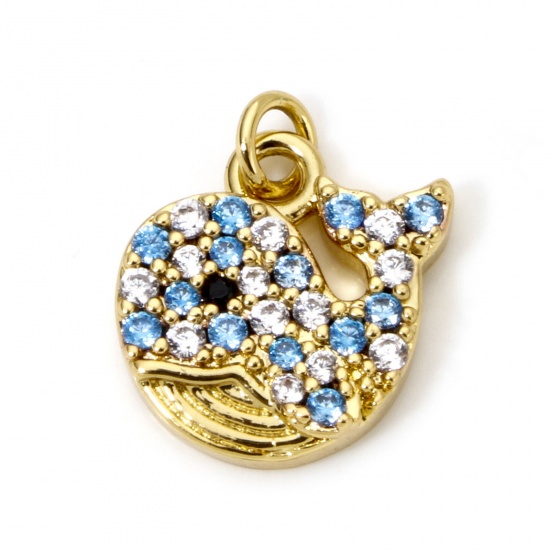 Immagine di 1 Pz Ecologico Ottone Gioielli Oceanici Ciondoli Balena 18K Vero Oro Placcato Micro Spianare Trasparente & Blu Cubic Zirconiae 14.5mm x 12mm