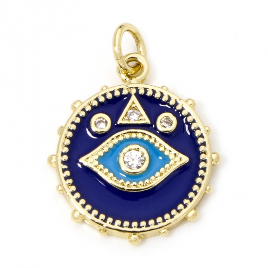 Imagen de 1 Unidad Respetuoso del Medio Ambiente Latón Religión Colgantes Ronda 18K Oro Real Chapado Azul Oscuro Ojo Esmalte 22mm x 16mm