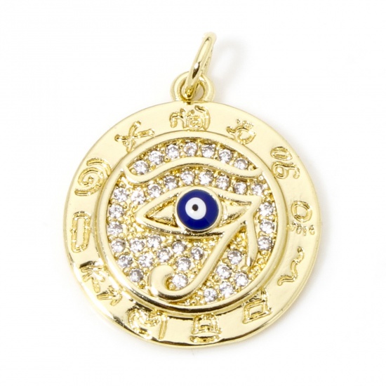 Imagen de 1 Unidad Respetuoso del Medio Ambiente Latón Religión Colgantes Ronda 18K Oro Real Chapado Azul Oscuro El ojo de Horus Esmalte 23.5mm x 18mm