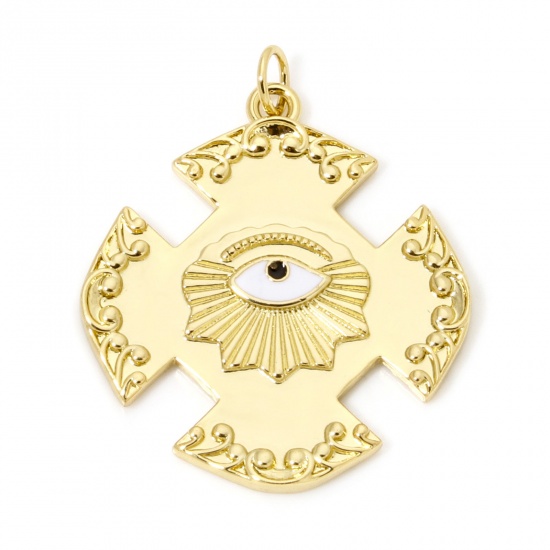 Imagen de 1 Unidad Respetuoso del Medio Ambiente Latón Religión Colgantes Cruz 18K Oro Real Chapado Ojo Esmalte 3.3cm x 2.7cm