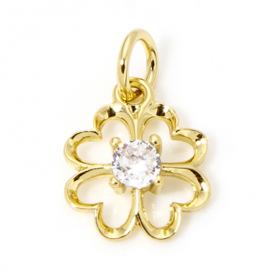 Immagine di 1 Pz Ecologico Ottone Ciondoli Fiore 18K Vero Oro Placcato Filigrana Trasparente Cubic Zirconiae 15mm x 10mm