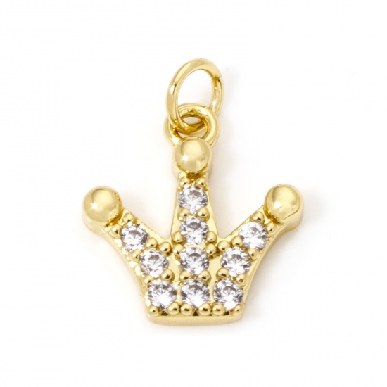 Immagine di 1 Pz Ecologico Ottone Ciondoli Corona 18K Vero Oro Placcato Micro Spianare Trasparente Cubic Zirconiae 14mm x 11mm