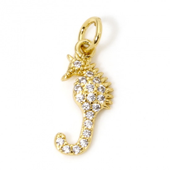 Immagine di 1 Pz Ecologico Ottone Ciondoli Cavalluccio Marino 18K Vero Oro Placcato Micro Spianare Trasparente Cubic Zirconiae 19mm x 7mm